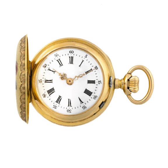 Swiss gold hunter with enamel scene of a young couple Circa 1880 Swiss gold hunter with enamel scene of a young couple Circa 1880