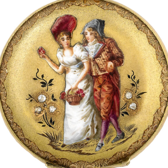 Swiss gold hunter with enamel scene of a young couple Circa 1880 Swiss gold hunter with enamel scene of a young couple Circa 1880