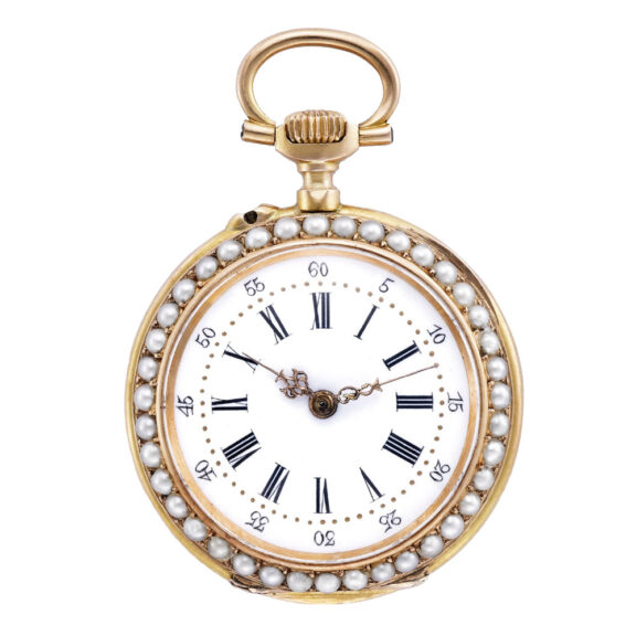 Swiss 18 carat gold and pearl set lady's fob watch Circa 1890