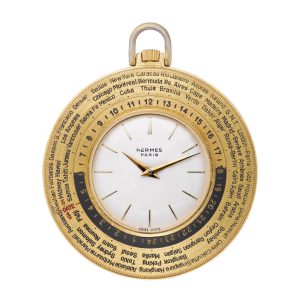 Large Swiss gilt-brass world time pocket watch circa 1960