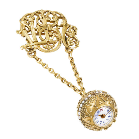 Swiss yellow gold and pearl-set ball form watch Circa 1900