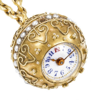 Swiss yellow gold and pearl-set ball form watch Circa 1900