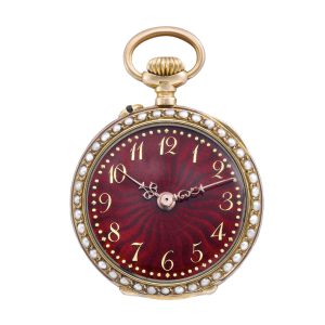 Swiss gold, translucent enamel and pearl pendant watch Circa 1890