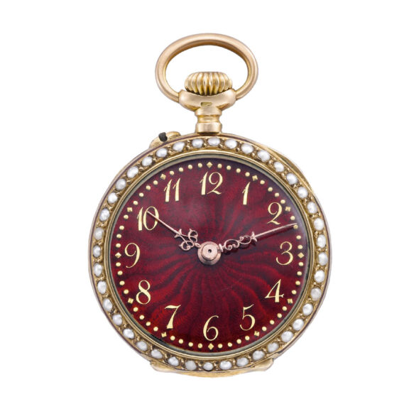 Swiss gold, translucent enamel and pearl pendant watch Circa 1890