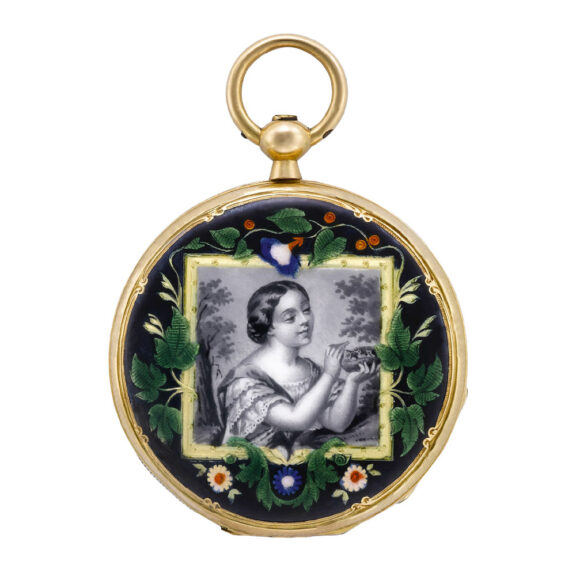 Swiss 18k gold, enamel keywind lady's pendant watch Circa 1850 Swiss 18k gold, enamel keywind lady's pendant watch Circa 1850