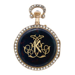 unusual Swiss gold, pearl and bloodstone pendant watch Circa 1890