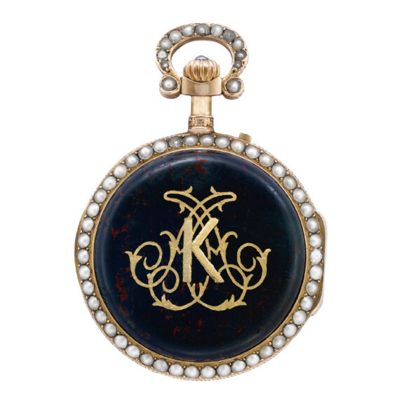unusual Swiss gold, pearl and bloodstone pendant watch Circa 1890