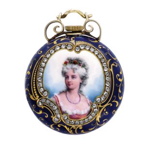 Swiss gold, enamel and diamond-set pendant watch Circa 1893