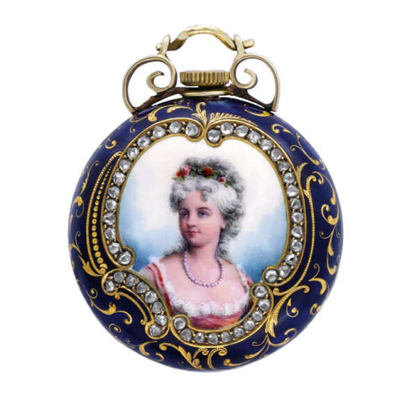 Swiss gold, enamel and diamond-set pendant watch Circa 1893