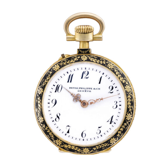 Swiss 18k yellow gold and enamel keyless pendant watch Circa 1905 Swiss 18k yellow gold and enamel keyless pendant watch Circa 1905