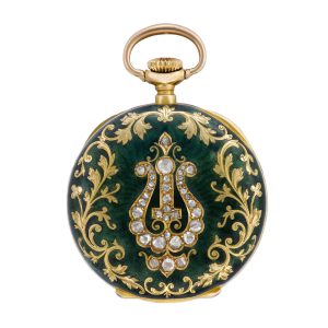Swiss gold, diamonds and green enamel pendant watch Circa 1897