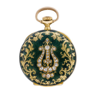 Swiss gold, diamonds and green enamel pendant watch Circa 1897