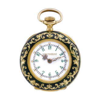 Swiss gold, diamonds and green enamel pendant watch Circa 1897