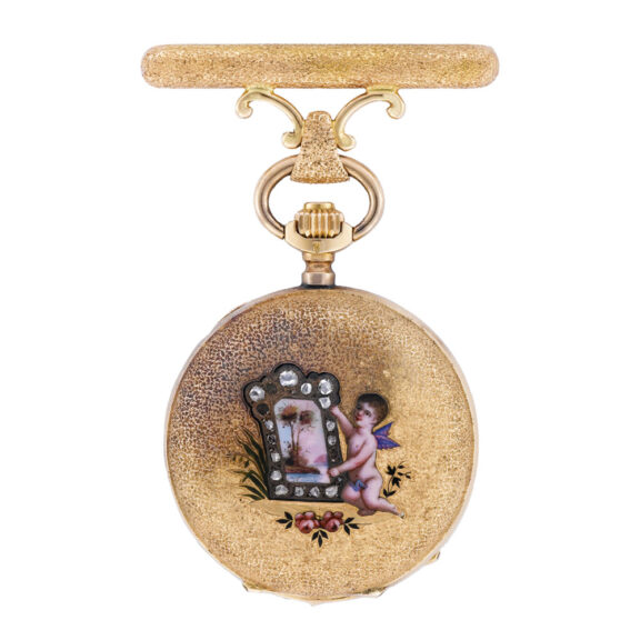 Swiss gold cylinder pendant watch with brooch Circa 1900