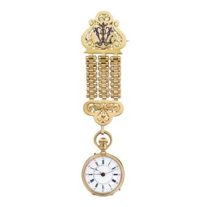 Swiss/French 18k gold keyless calendar fob watch Circa 1870