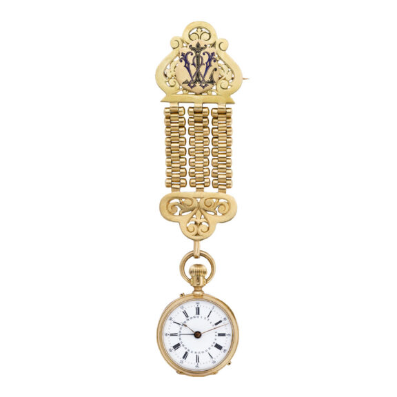 Swiss/French 18k gold keyless calendar fob watch Circa 1870