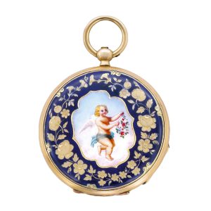 Swiss 18k gold and enamel keywind fob watch Circa 1860