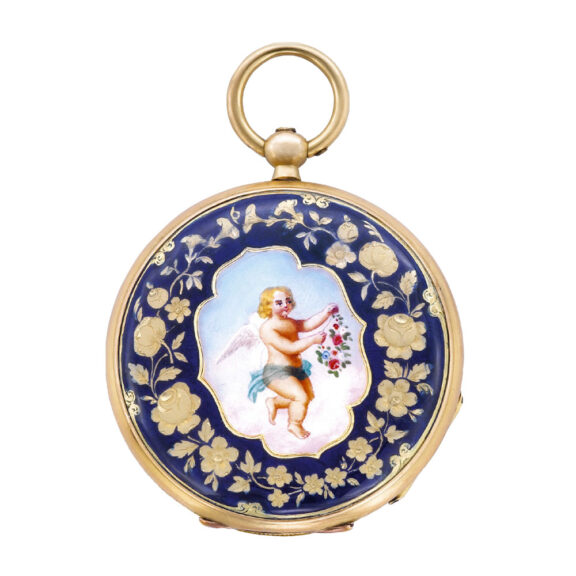 Swiss 18k gold and enamel keywind fob watch Circa 1860