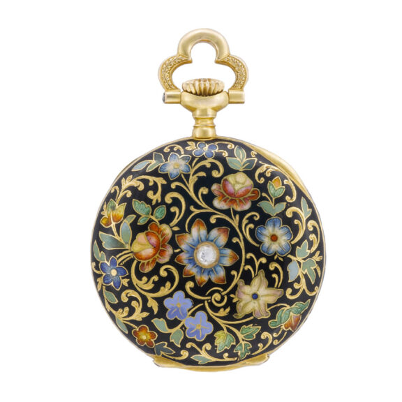Swiss 18k gold, enamel fob watch set with large diamond Circa 1900