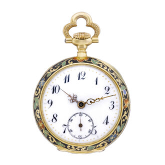 Swiss 18k gold, enamel fob watch set with large diamond Circa 1900