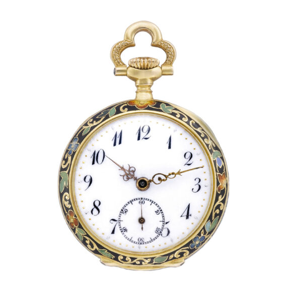 Swiss 18k gold, enamel fob watch set with large diamond Circa 1900 Swiss 18k gold, enamel fob watch set with large diamond Circa 1900