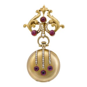 Swiss gold, diamond and ruby lady's brooch watch Circa 1900