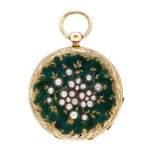 Swiss 18k gold, green enamel and pearl pendant watch Circa 1860