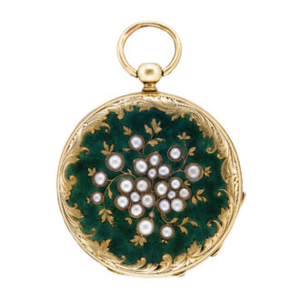 Swiss 18k gold, green enamel and pearl pendant watch Circa 1860