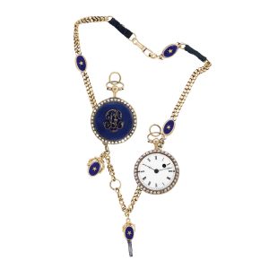 Swiss 18k gold and enamel watch with long chain Circa 1810