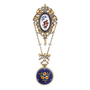 Swiss gold, enamel fob watch with detachable brooch Circa 1950