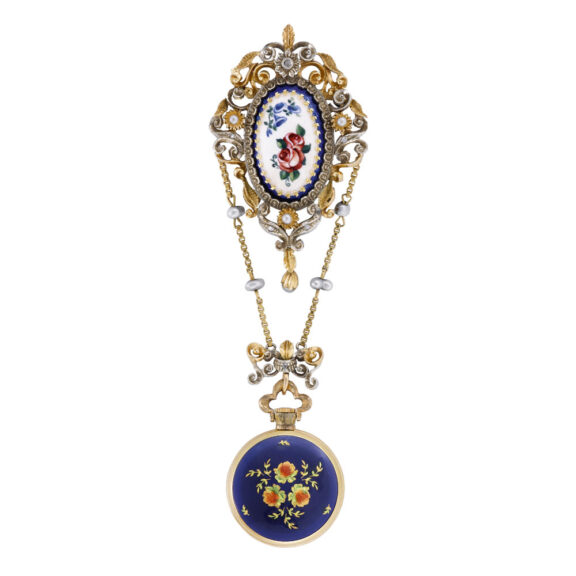 Swiss gold, enamel fob watch with detachable brooch Circa 1950