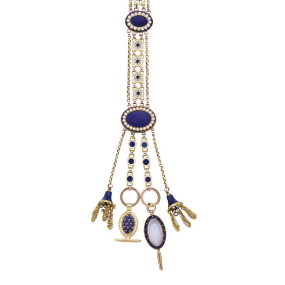 English 18k gold and enamel watch with chatelaine Circa 1800 English 18k gold and enamel watch with chatelaine Circa 1800