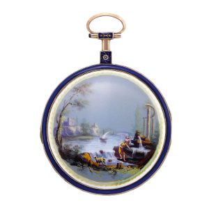 French 18K gold watch with enamel European scene Circa 1790