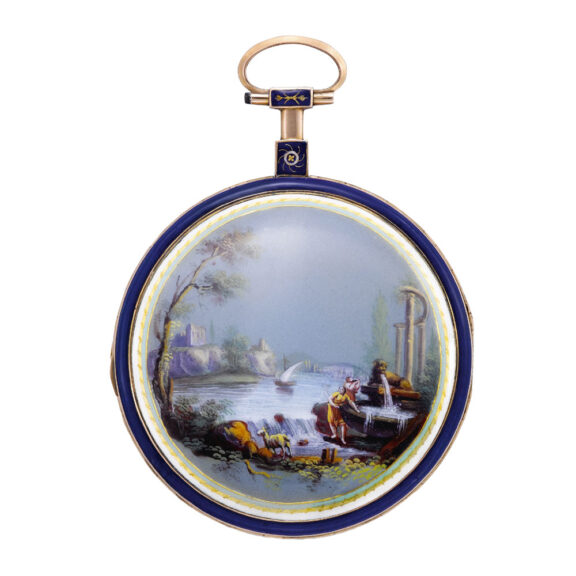 French 18K gold watch with enamel European scene Circa 1790