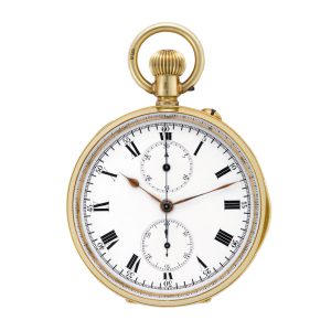 Swiss yellow gold watch with chronograph and register Circa 1912