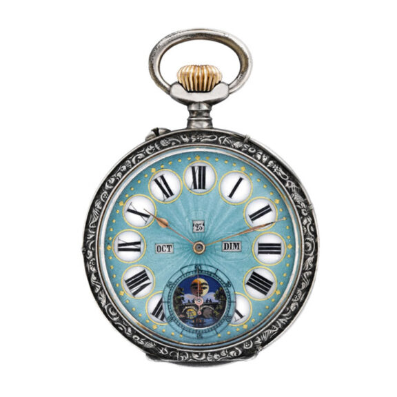 Swiss gilt-metal and enamel triple calendar pocket watch Circa 1900 Swiss gilt-metal and enamel triple calendar pocket watch Circa 1900