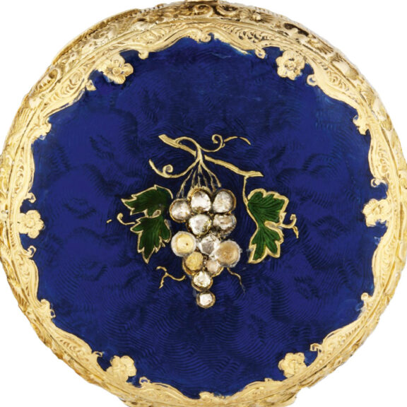 Elegant Swiss 18k gold, enamel with diamond grapes Circa 1850 Elegant Swiss 18k gold, enamel with diamond grapes Circa 1850