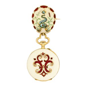 Swiss 18k gold and ivory enamel brooch watch Circa 1900