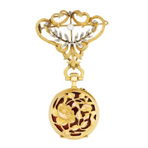 Swiss 18k gold and enamel keyless brooch watch Circa 1900