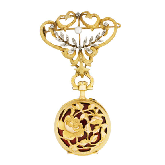 Swiss 18k gold and enamel keyless brooch watch Circa 1900
