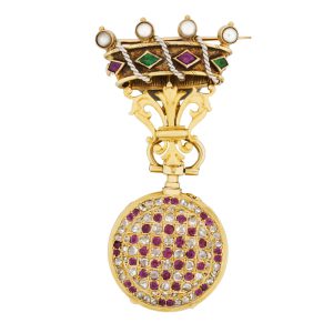 Swiss gold, diamond, pearl and ruby-set brooch watch Circa 1890