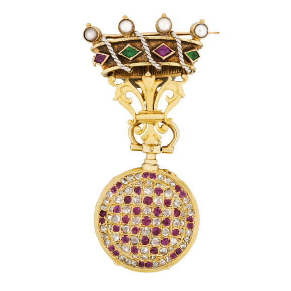 Swiss gold, diamond, pearl and ruby-set brooch watch Circa 1890