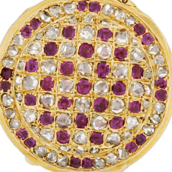 Swiss gold, diamond, pearl and ruby-set brooch watch Circa 1890 Swiss gold, diamond, pearl and ruby-set brooch watch Circa 1890