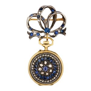 Swiss gold, sapphire and diamond-set brooch watch Circa 1880