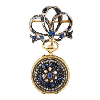 Swiss gold, sapphire and diamond-set brooch watch Circa 1880