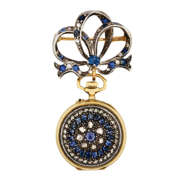 Swiss gold, sapphire and diamond-set brooch watch Circa 1880