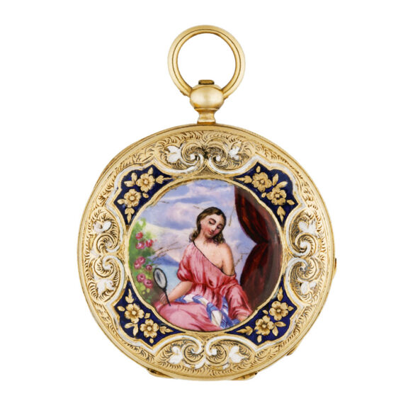 Swiss gold and enamel cylinder pendant watch Circa 1845