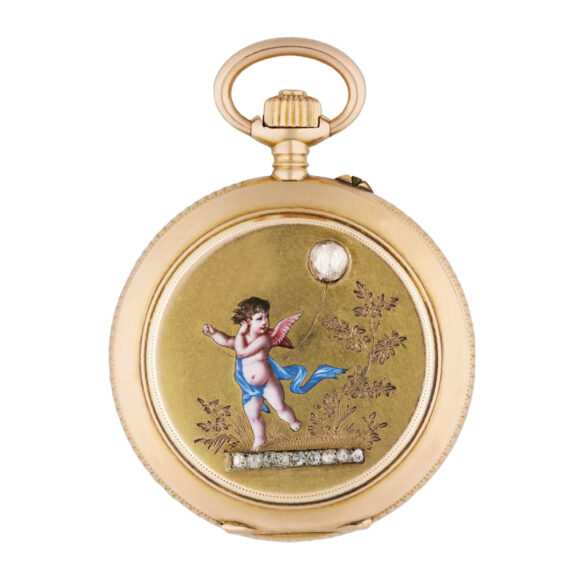 Swiss gold, enamel watch with diamond balloon Circa 1890
