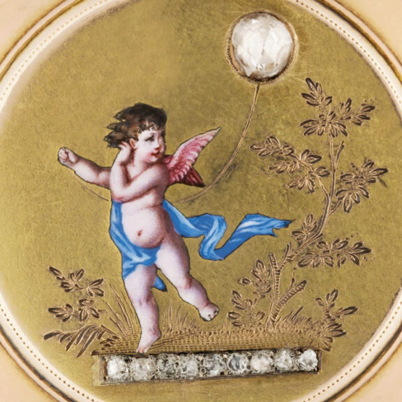 Swiss gold, enamel watch with diamond balloon Circa 1890 Swiss gold, enamel watch with diamond balloon Circa 1890