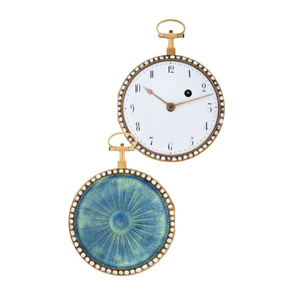 Swiss gold, aquamarine enamel and pearl watch Circa 1795 Swiss gold, aquamarine enamel and pearl watch Circa 1795
